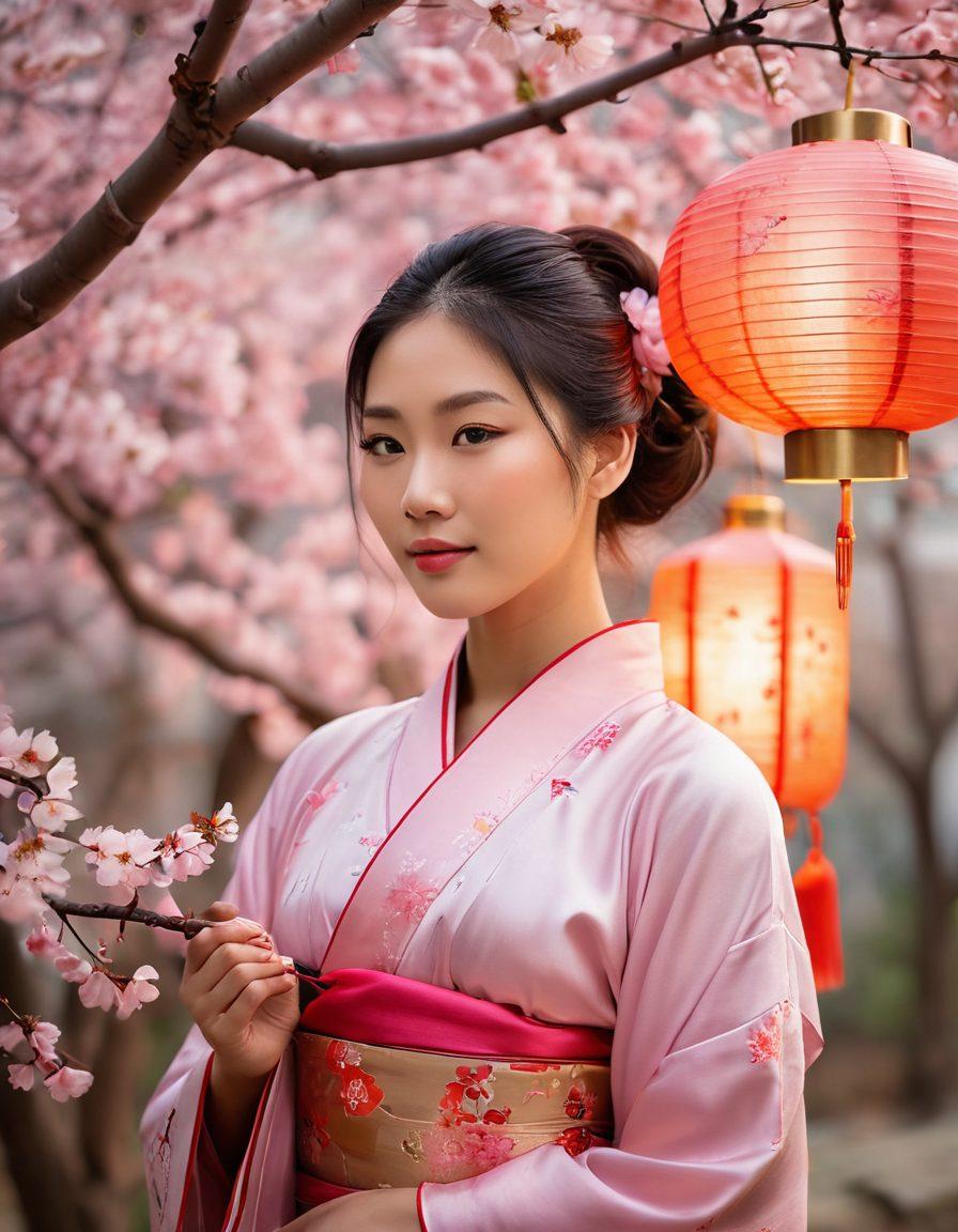 A serene scene featuring diverse Asian women of various body types confidently embracing their unique beauty, surrounded by traditional and modern elements of Asian culture, such as cherry blossoms, silk fabrics, and vibrant lanterns. Soft, radiant lighting emphasizes their natural features while evoking a sense of harmony and self-acceptance. Artistic elements include gentle brush strokes and a pastel color palette. painting. vibrant colors. soft focus.