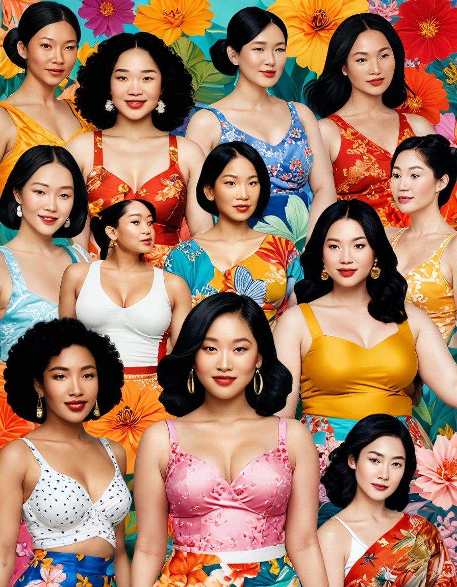 A collage depicting diverse women of various Asian cultures celebrating body positivity, showcasing different breast shapes and sizes, radiating confidence. Include elements like traditional garments, vibrant backgrounds of iconic Asian landscapes, and empowering symbols like flowers and butterflies. The overall atmosphere should be uplifting and inclusive, emphasizing self-love and acceptance. vibrant colors. super-realistic.
