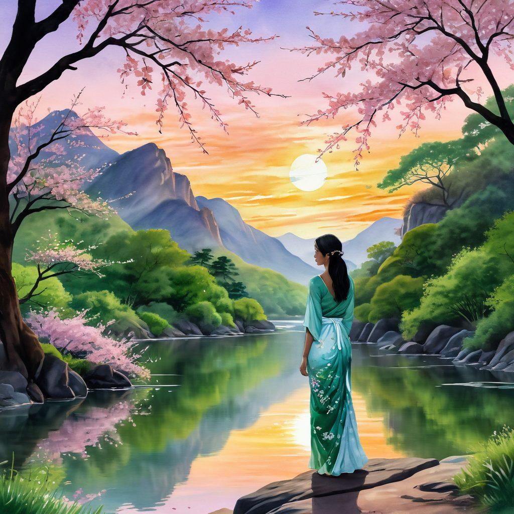 A serene Asian landscape featuring a silhouette of a woman standing confidently among lush green hills, symbolizing self-love and acceptance. In the background, soft cherry blossom trees bloom, while a gentle river flows reflecting the warm sunset. The woman embraces her body with a serene smile, embodying transformation and empowerment. pastel colors. soft focus. watercolor style.